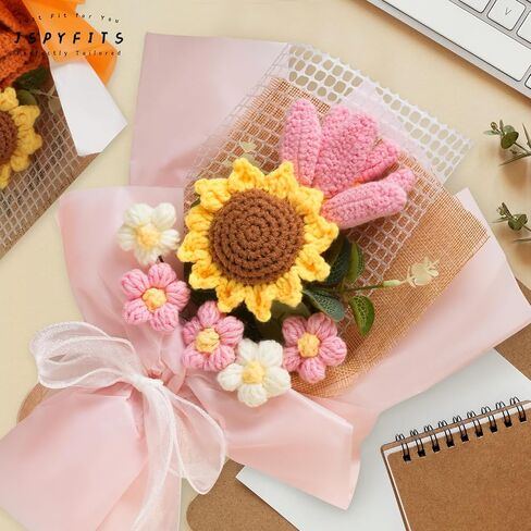 JSPYFITS Crochet Flowers Bouquet, Handdmade Knitted Bouquet Flower, Eternal Flowers Bouquet for Girlfriend Mother,Valentine's Birthday Wedding Gift (Pink Tulips Sunflower) in Saudi Arabia