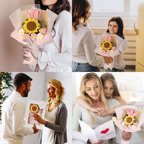 JSPYFITS Crochet Flowers Bouquet, Handdmade Knitted Bouquet Flower, Eternal Flowers Bouquet for Girlfriend Mother,Valentine's Birthday Wedding Gift (Pink Tulips Sunflower) in Saudi Arabia