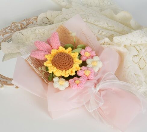 JSPYFITS Crochet Flowers Bouquet, Handdmade Knitted Bouquet Flower, Eternal Flowers Bouquet for Girlfriend Mother,Valentine's Birthday Wedding Gift (Pink Tulips Sunflower) in Saudi Arabia