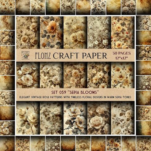 Scrapbook Paper (30 Pages 12"x12") Rustic Roses: Vintage Wild Rose Patterns with Lush, Blooming Garden Themes in Classic Styles FLONZ Vintage Styled Double Sided Paper Pad for Craft Cardmaking in Saudi Arabia