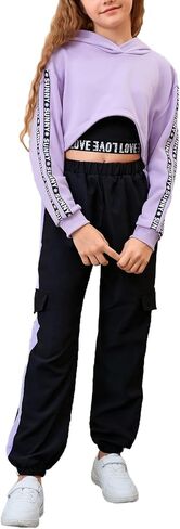 MakeMeChic Girl's 3 Piece Outfits Letter Print Hooded Crop Top and Pocket Jogger Pants Set with Tank in Saudi Arabia