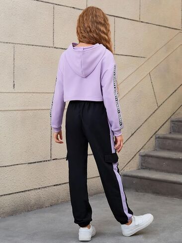 MakeMeChic Girl's 3 Piece Outfits Letter Print Hooded Crop Top and Pocket Jogger Pants Set with Tank in Saudi Arabia