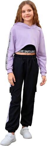 MakeMeChic Girl's 3 Piece Outfits Letter Print Hooded Crop Top and Pocket Jogger Pants Set with Tank in Saudi Arabia