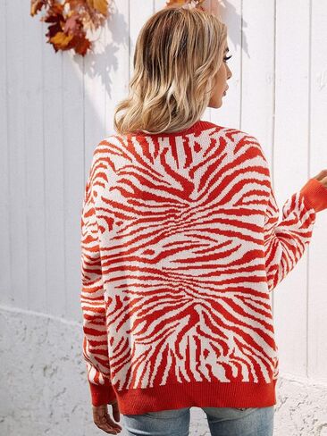 Long Sleeve Button Down Sweater Coat Crewneck Knit Cardigan Zebra Print Outwear in Saudi Arabia