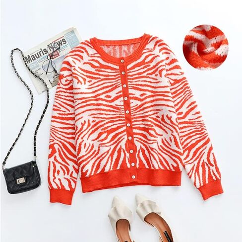 Long Sleeve Button Down Sweater Coat Crewneck Knit Cardigan Zebra Print Outwear in Saudi Arabia
