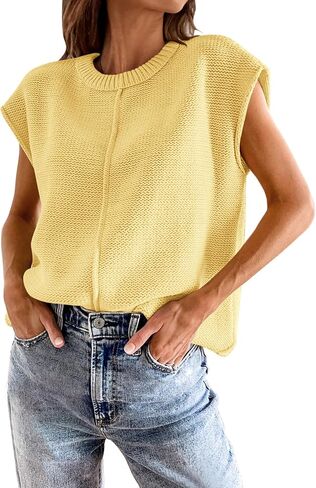 ATHMILE Womens Cap Sleeve Tops Casual Crew Neck Loose Fit Knit Lightweight Sweater Pullover Summer Outfits Fashion Vest in Saudi Arabia
