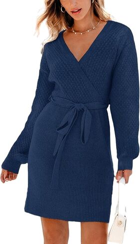 CUPSHE Women Casual Fall Dress 2024 V Neck Long Sleeve Ribbed Knit Belted A Line Mini Pullover Sweater Dress in Kuwait