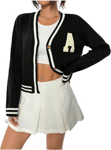 GORGLITTER Women's Letter Flocking Striped Trim Button Down Cardigan Long Sleeve V Neck Sweater in Saudi Arabia