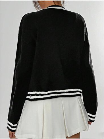 GORGLITTER Women's Letter Flocking Striped Trim Button Down Cardigan Long Sleeve V Neck Sweater in Saudi Arabia