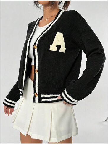 GORGLITTER Women's Letter Flocking Striped Trim Button Down Cardigan Long Sleeve V Neck Sweater in Saudi Arabia
