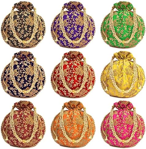 Radharani Arts Lot of 10 PCS Women Handicrafts and jewellery Designer Potli Bags or Wristlets or rajasthani batwa for Wedding & Parties, Best for gifting, medium size in Saudi Arabia