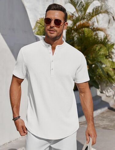 COOFANDY Men's Henley Shirt Short Sleeve Stand Collar Summer Casual Beach Hippie T-Shirts in Kuwait