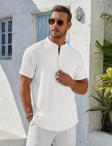 COOFANDY Men's Henley Shirt Short Sleeve Stand Collar Summer Casual Beach Hippie T-Shirts in Kuwait