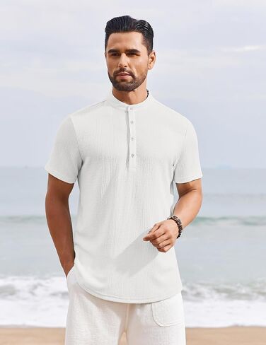 COOFANDY Men's Henley Shirt Short Sleeve Stand Collar Summer Casual Beach Hippie T-Shirts in Kuwait