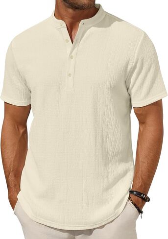 COOFANDY Men's Henley Shirt Short Sleeve Stand Collar Summer Casual Beach Hippie T-Shirts in Kuwait