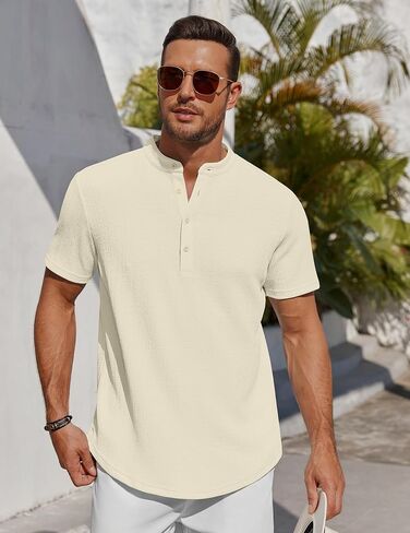 COOFANDY Men's Henley Shirt Short Sleeve Stand Collar Summer Casual Beach Hippie T-Shirts in Kuwait