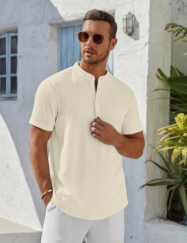 COOFANDY Men's Henley Shirt Short Sleeve Stand Collar Summer Casual Beach Hippie T-Shirts in Kuwait
