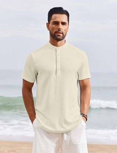 COOFANDY Men's Henley Shirt Short Sleeve Stand Collar Summer Casual Beach Hippie T-Shirts in Kuwait