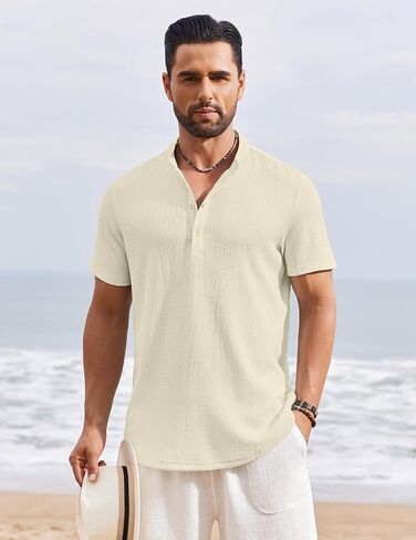 COOFANDY Men's Henley Shirt Short Sleeve Stand Collar Summer Casual Beach Hippie T-Shirts in Kuwait