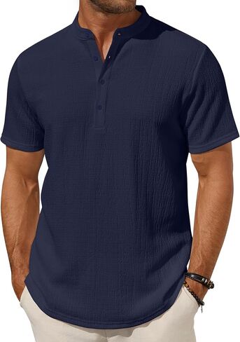 COOFANDY Men's Henley Shirt Short Sleeve Stand Collar Summer Casual Beach Hippie T-Shirts in Kuwait