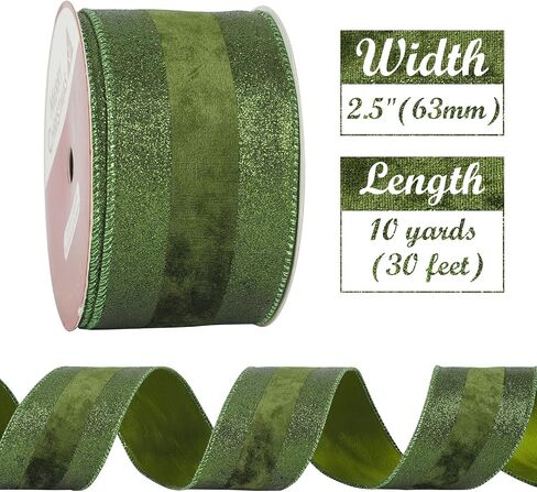 HUIHUANG Red and Lime Green Wired Ribbon 2.5 inch Red Velvet Wired Ribbon with Glitter Border Stripe Ribbon for Christmas Tree, Bows Making, Wreath Supplies, Gift Wrapping, Garlands -10 Yards in Kuwait