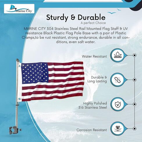 MARINE CITY 304 Stainless Steel Rail Mounted Flag Staff with White Plastic Flag Pole Base | Fits 7/8 Inches to 1 Inch Round and Square Tubes | Ideal for Marines, Boats, Yachts in Saudi Arabia