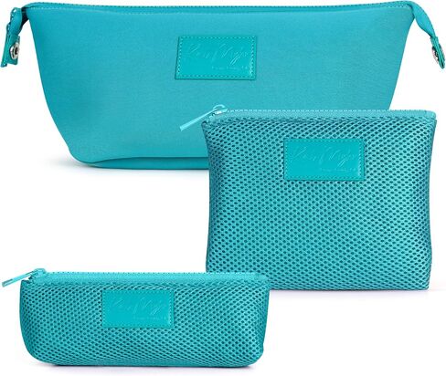 Kat Myhr Neoprene Washable Travel Makeup & Cosmetic Bag Set, 2 Air Mesh Pouches,100% Neoprene Toiletry Bag, Large Water Resistant Travel Bag for Toiletries, Makeup Cosmetic Travel Bag (Turquoise) in Kuwait