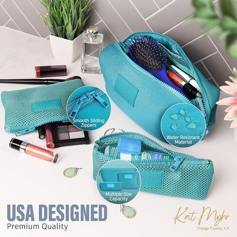 Kat Myhr Neoprene Washable Travel Makeup & Cosmetic Bag Set, 2 Air Mesh Pouches,100% Neoprene Toiletry Bag, Large Water Resistant Travel Bag for Toiletries, Makeup Cosmetic Travel Bag (Turquoise) in Kuwait