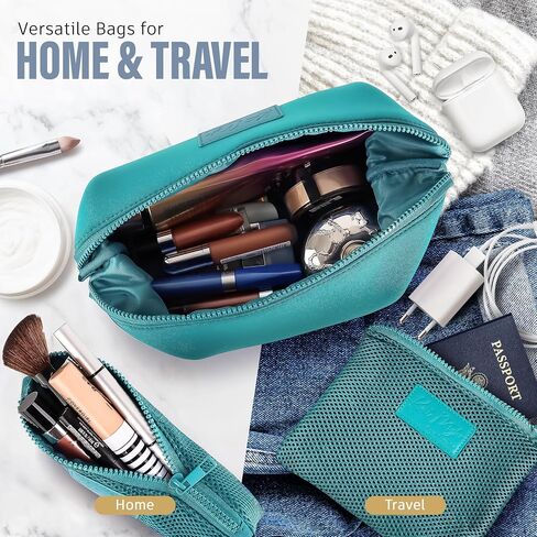 Kat Myhr Neoprene Washable Travel Makeup & Cosmetic Bag Set, 2 Air Mesh Pouches,100% Neoprene Toiletry Bag, Large Water Resistant Travel Bag for Toiletries, Makeup Cosmetic Travel Bag (Turquoise) in Kuwait
