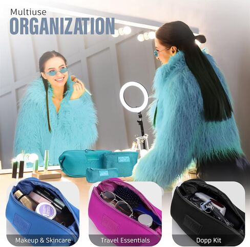 Kat Myhr Neoprene Washable Travel Makeup & Cosmetic Bag Set, 2 Air Mesh Pouches,100% Neoprene Toiletry Bag, Large Water Resistant Travel Bag for Toiletries, Makeup Cosmetic Travel Bag (Turquoise) in Kuwait