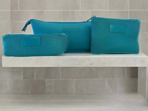 Kat Myhr Neoprene Washable Travel Makeup & Cosmetic Bag Set, 2 Air Mesh Pouches,100% Neoprene Toiletry Bag, Large Water Resistant Travel Bag for Toiletries, Makeup Cosmetic Travel Bag (Turquoise) in Kuwait