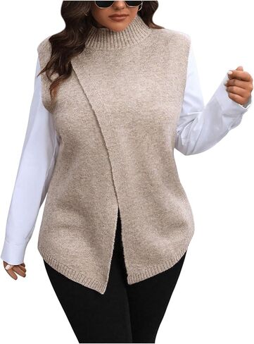 GORGLITTER Women's Plus Sleeveless Sweater Vest Trendy Mock Neck Split Wrap Front Knit Tops Fall Fashion 2024 in Saudi Arabia