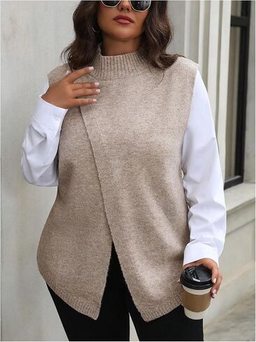 GORGLITTER Women's Plus Sleeveless Sweater Vest Trendy Mock Neck Split Wrap Front Knit Tops Fall Fashion 2024 in Saudi Arabia