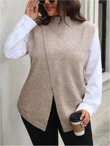 GORGLITTER Women's Plus Sleeveless Sweater Vest Trendy Mock Neck Split Wrap Front Knit Tops Fall Fashion 2024 in Saudi Arabia