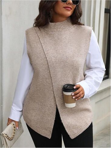 GORGLITTER Women's Plus Sleeveless Sweater Vest Trendy Mock Neck Split Wrap Front Knit Tops Fall Fashion 2024 in Saudi Arabia