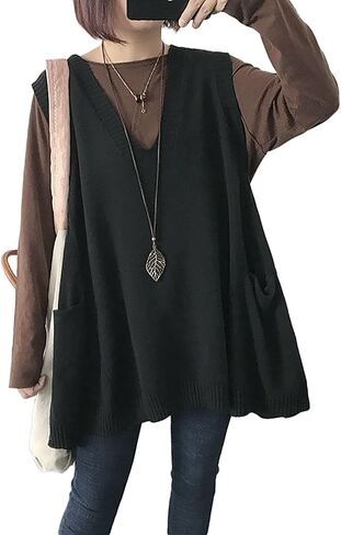 Women's Oversized Sweater Vest Fall V Neck Sleeveless Pullover Sweater Loose Knitted Tunic Tops with Pockets in Kuwait