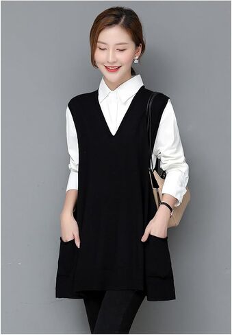 Women's Oversized Sweater Vest Fall V Neck Sleeveless Pullover Sweater Loose Knitted Tunic Tops with Pockets in Kuwait