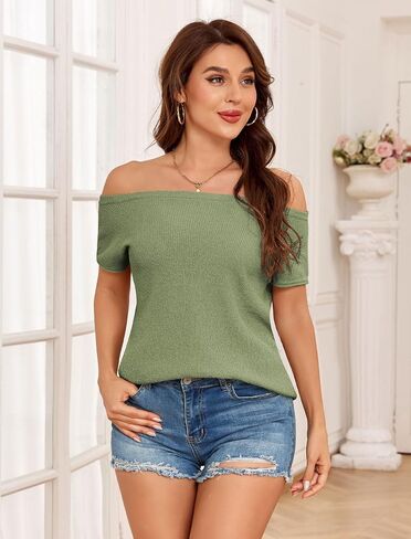 ZAFUL Off The Shoulder Tops for Women 2025 Summer Short Sleeve Knit Loose Fit Tunic Shirts Casual Lightweight Sweaters in Saudi Arabia