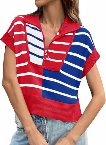 Saodimallsu Womens Quarter Zip Crop Tops Summer Striped Cap Sleeve Color Block V Neck Going Out Knit Trendy Sweater in Kuwait