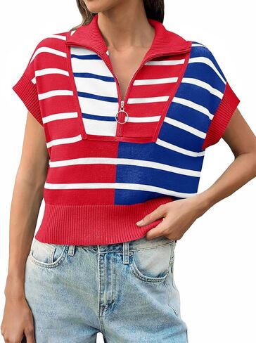 Saodimallsu Womens Quarter Zip Crop Tops Summer Striped Cap Sleeve Color Block V Neck Going Out Knit Trendy Sweater in Kuwait