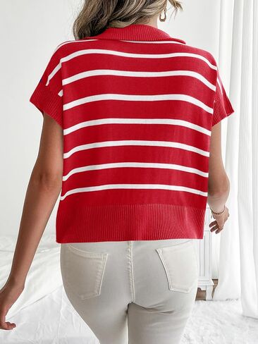 Saodimallsu Womens Quarter Zip Crop Tops Summer Striped Cap Sleeve Color Block V Neck Going Out Knit Trendy Sweater in Kuwait