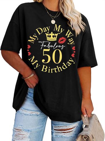 Womens 50th Birthday Shirt: Plus Size 50 and Fabulous Shirt 50th Birthday Party Tshirt Short Sleeve Tops in Kuwait