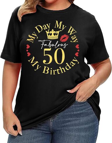 Womens 50th Birthday Shirt: Plus Size 50 and Fabulous Shirt 50th Birthday Party Tshirt Short Sleeve Tops in Kuwait