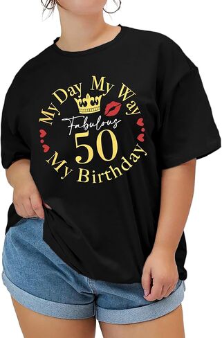 Womens 50th Birthday Shirt: Plus Size 50 and Fabulous Shirt 50th Birthday Party Tshirt Short Sleeve Tops in Kuwait