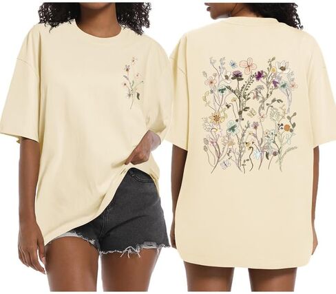 Boho Floral Graphic Tees Vintage Flower T Shirt for Women Oversized Wildflowers Cottagecore Shirts Garden Lover Tops in Saudi Arabia