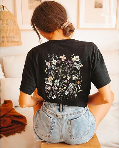 Boho Floral Graphic Tees Vintage Flower T Shirt for Women Oversized Wildflowers Cottagecore Shirts Garden Lover Tops in Saudi Arabia