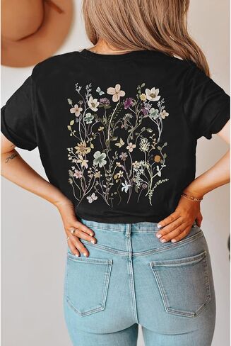 Boho Floral Graphic Tees Vintage Flower T Shirt for Women Oversized Wildflowers Cottagecore Shirts Garden Lover Tops in Saudi Arabia
