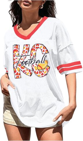 Oversized Football Shirt Women Game Day V-Neck Shirts Football Team Tshirt Jersey Raglan Sleeve Tee Tops in Saudi Arabia