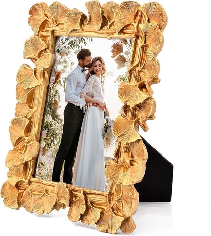 Gold Picture Frame,Vintage Picture Frame,Ginkgo Leaf Vintage Golden Photo Frame with Stand,Glass Front Ornate Antique Picture Frame for Home,Office,Dorm,Bar,Hotel in Saudi Arabia