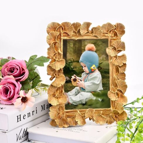 Gold Picture Frame,Vintage Picture Frame,Ginkgo Leaf Vintage Golden Photo Frame with Stand,Glass Front Ornate Antique Picture Frame for Home,Office,Dorm,Bar,Hotel in Saudi Arabia